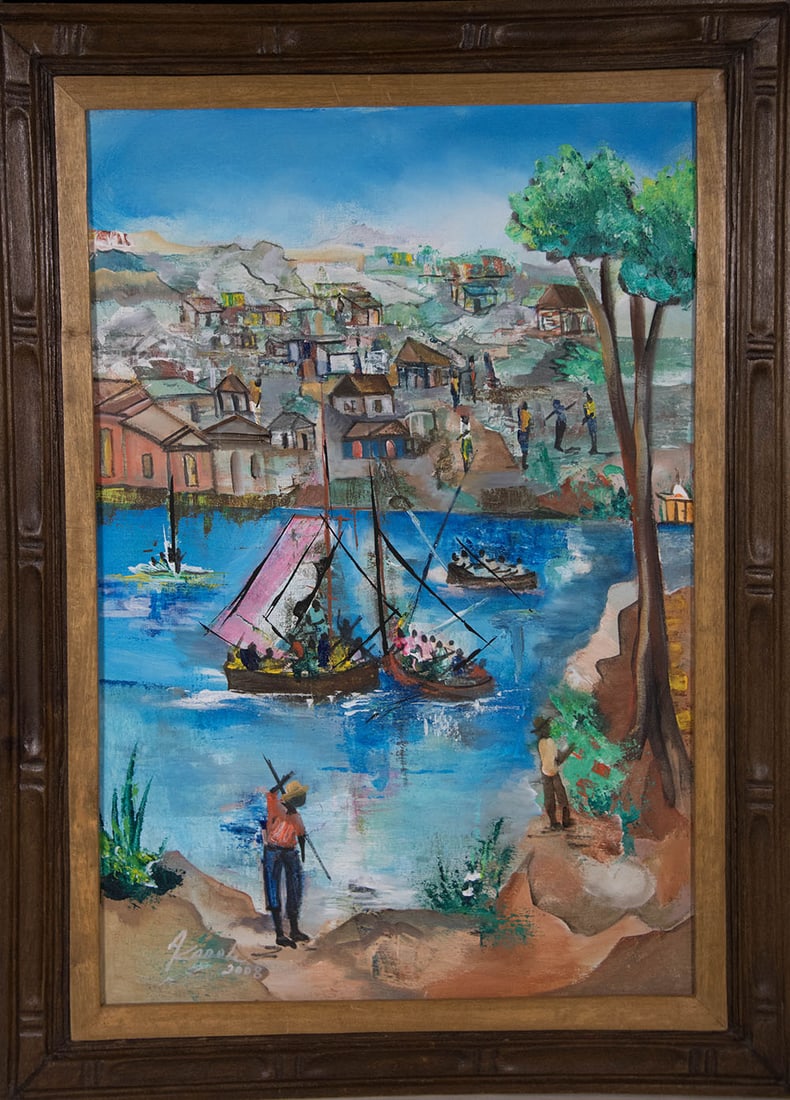 Sailboats in the Harbor Original Haitian Painting by Karole Andre (1 of 1)