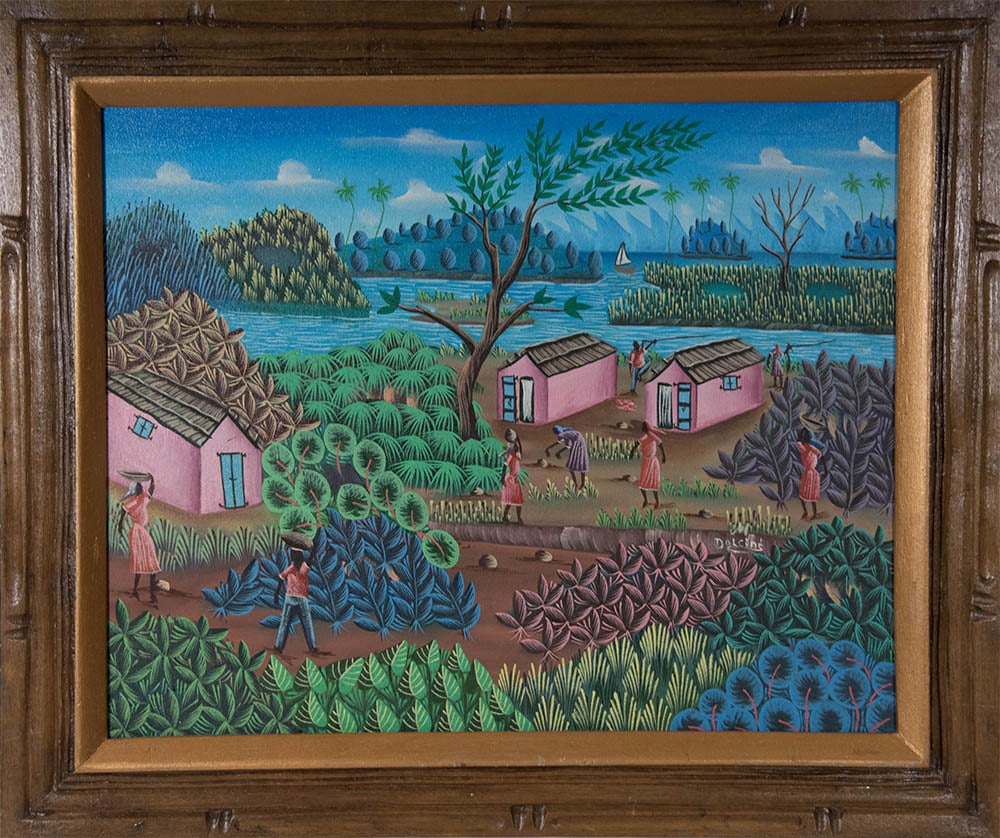Pink Housed in the Village Original Haitian Painting by Dolcine: Pink Housed in the Village Original Haitian Painting by Dolcine Oil on Canvas