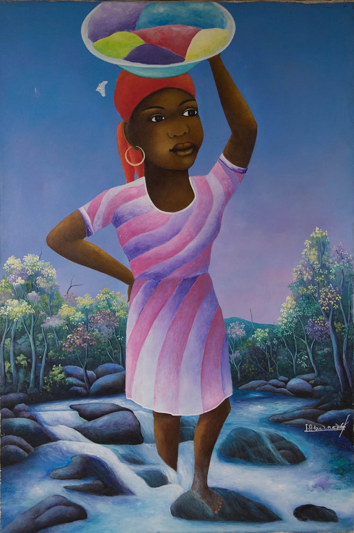 Lady in Pink and White Dress Original Haitian Painting by Jn. Albert Bernard