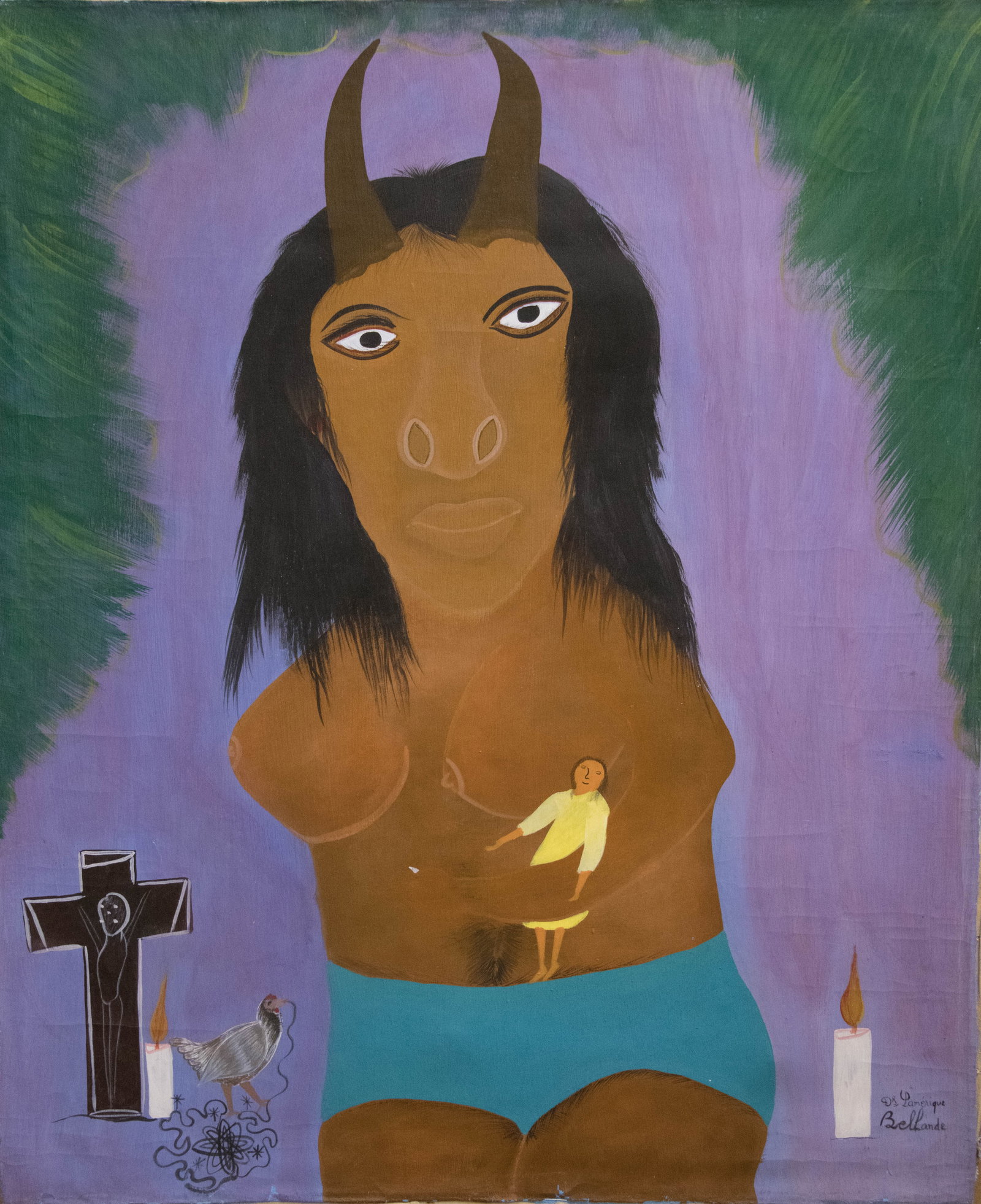 Horned Lady with Blue Shorts Original Haitian Painting by Francois Bellande: Horned Lady with Blue Shorts Original Haitian Painting by Francois Bellande Not Stretched Not Framed