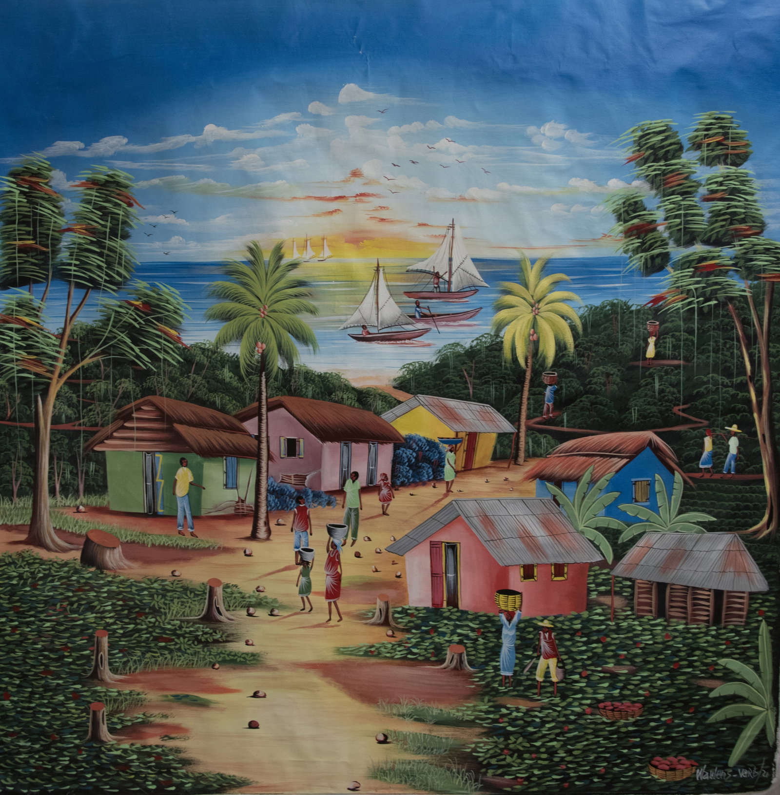 Orignial Haitian Painting by Wawens Varis Village & Sailboats (1 of 1)