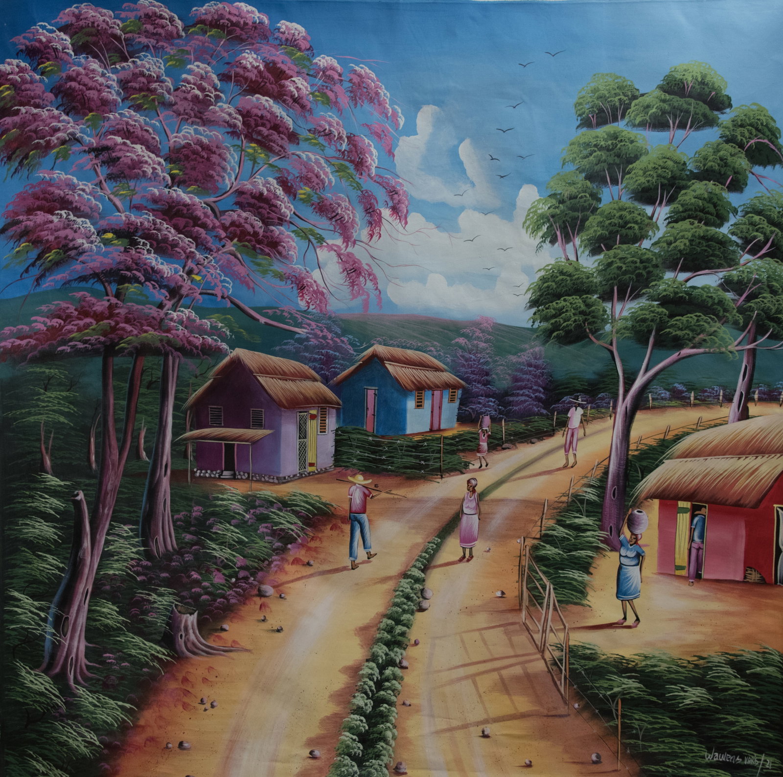 Orignial Haitian Painting by Wawens Varis Village Path (Pink & Green Trees) (1 of 1)