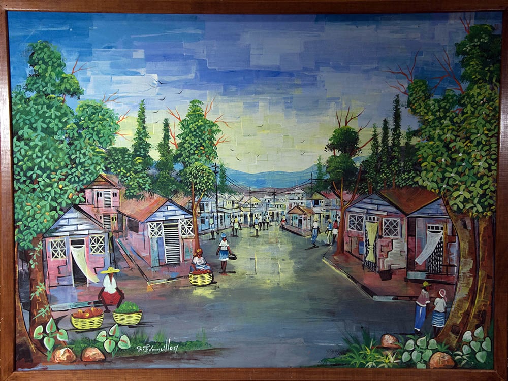 Village in the Twilight - Haitian Painting by Rigaud Francillon: Village in the Twilight - Haitian Painting by Rigaud Francillon Framed, Oil on Canvas FRAMED