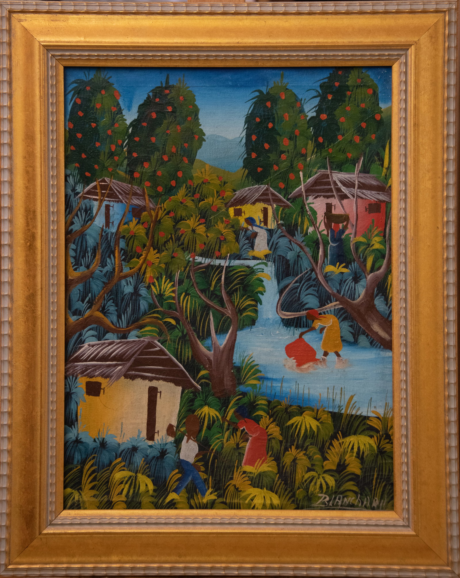 Haitian Village with Yellow House Original Haitian Painting by Blanchard: Haitian Village with Yellow House Original Haitian Painting by Blanchard Acrylic on Canvas