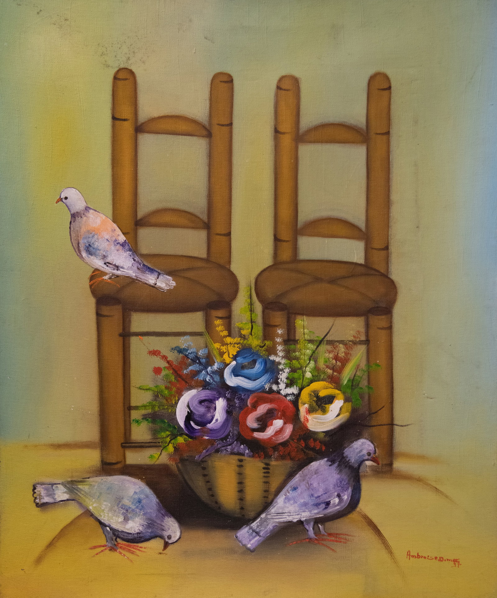 Doves, Flowers, and Chairs Original Haitian Painting by Ambroise Domek: Doves, Flowers, and Chairs Original Haitian Painting by Ambroise Domek Acrylic on Canvas
