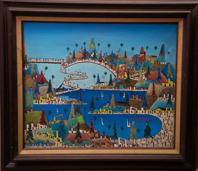 Birdge Sailboats and Town with Numerous Figures 1982 Original Haitian Painting by Prefete Duffaut: Birdge Sailboats and Town with Numerous Figures 1982 Original Haitian Painting by Prefete Duffaut Oil on Canvas Framed