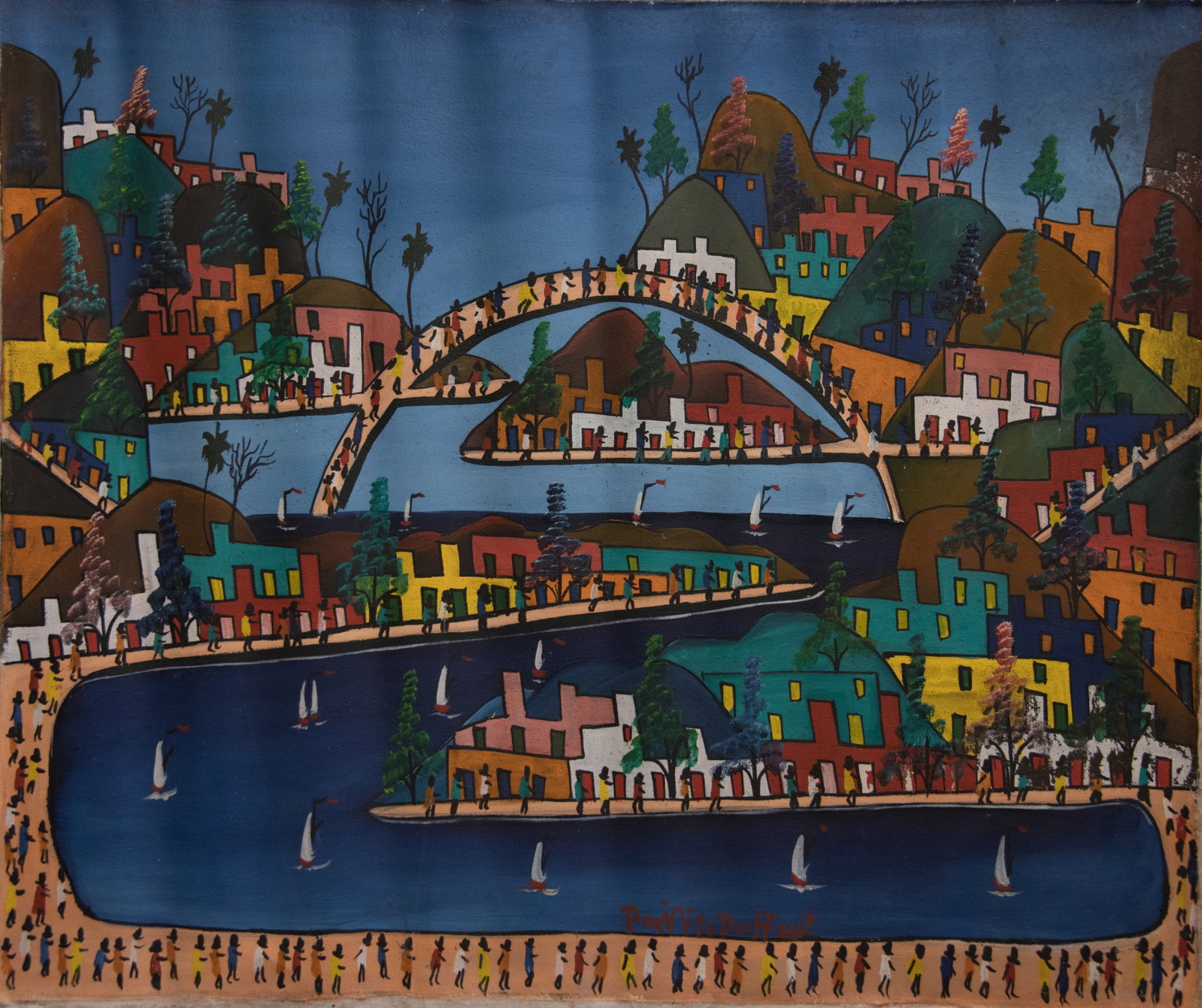 Cityscape with Boats and Bridge Original Haitian Painting by Prefete Duffaut: Cityscape with Boats and Bridge Original Haitian Painting by Prefete Duffaut Oil on Canvas Not Stretched Not Framed