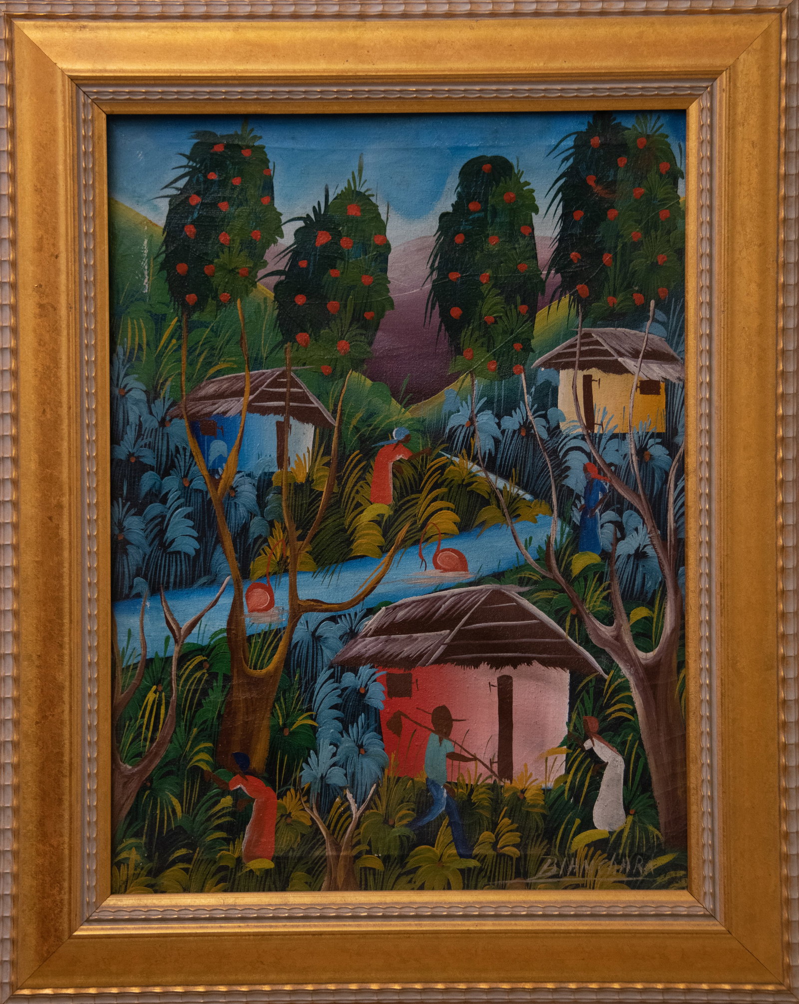 Haitain Village with Pink House Original Haitian Painting by Blanchard: Haitain Village with Pink House Original Haitian Painting by Blanchard Acrylic on Canvas