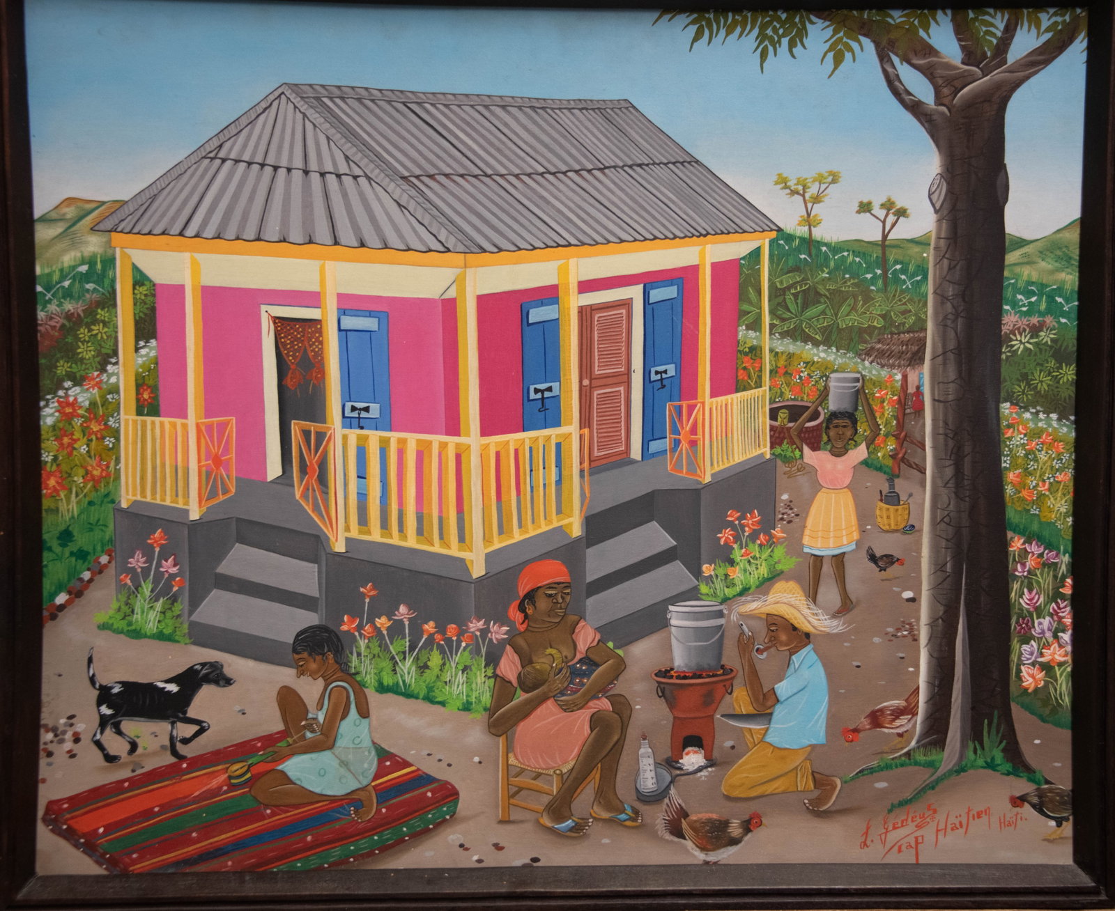 Family Outside Homestead Original Haitian Painting by Louis Gedeus (1 of 1)