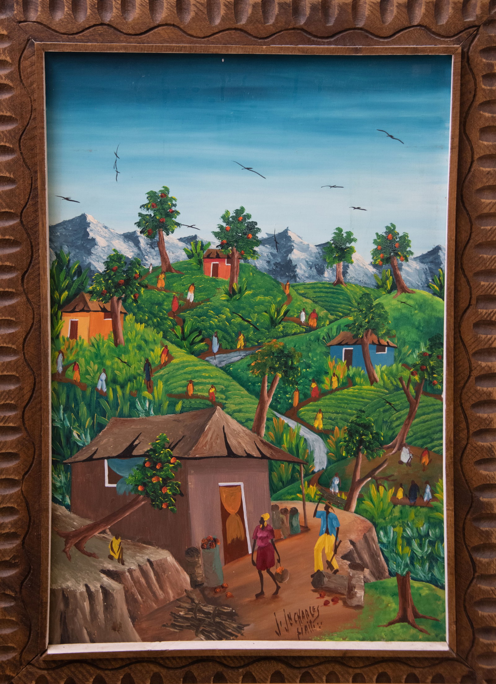 Village Scene with Birds Overhead Original Haitian Painting by JJ Charles: Village Scene with Birds Overhead Original Haitian Painting by JJ Charles Oil on Masonite