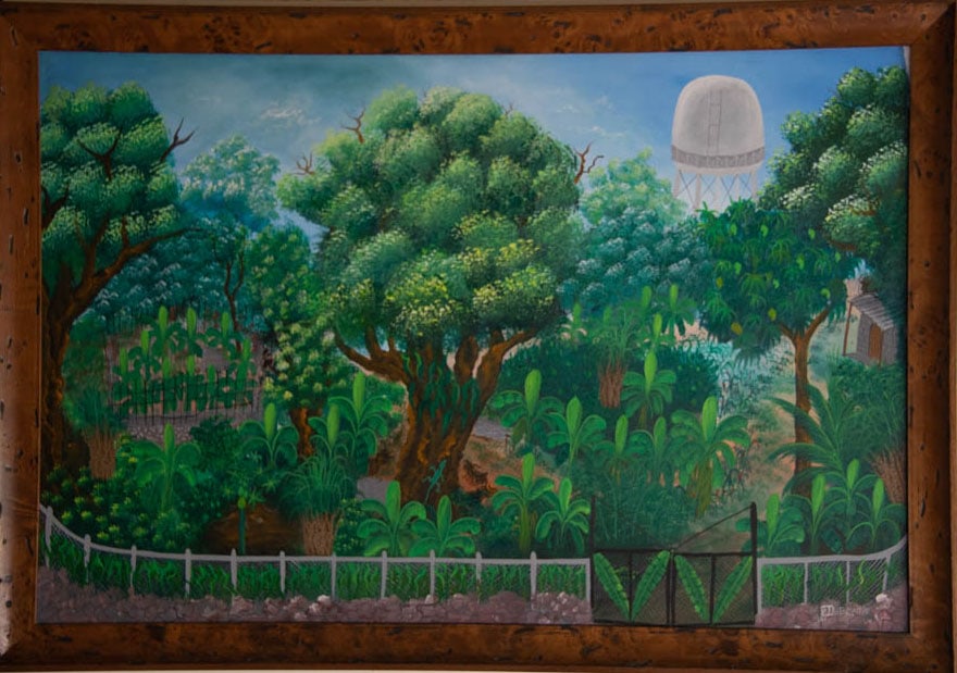 Jungle Scene with Water Tower and Fence Original Haitian Painting by E. Dubreille (1 of 1)