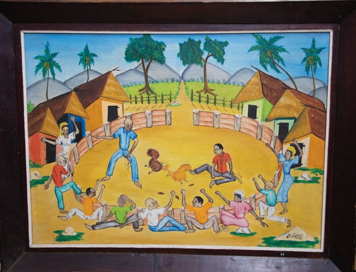 Villagers Watching Cockfight Original Haitian Painting by G. Jean: Villagers Watching Cockfight Original Haitian Painting by G. Jean Oil on Canvas Framed