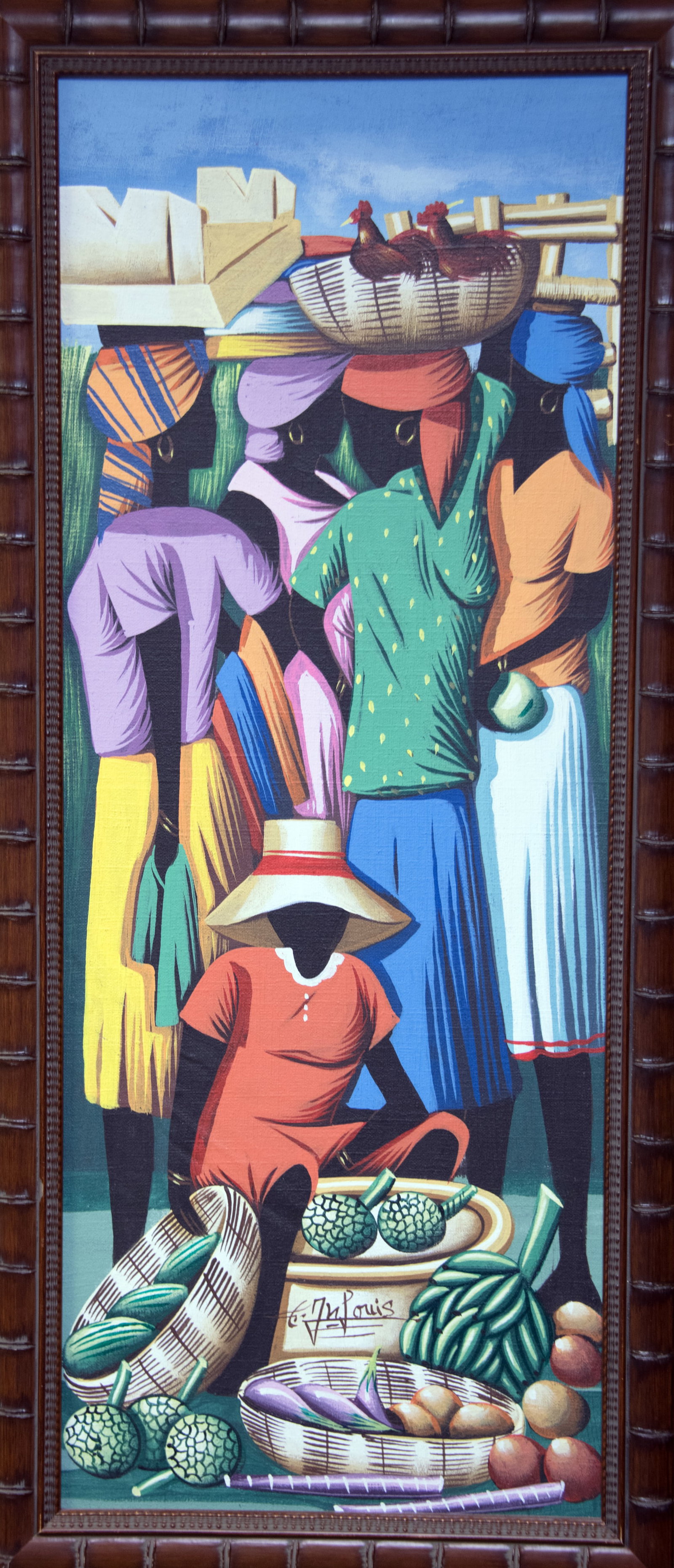 Women at Village Market (2 Brown Roosters) Original Haitian Painting by Jn. Louis (1 of 1)
