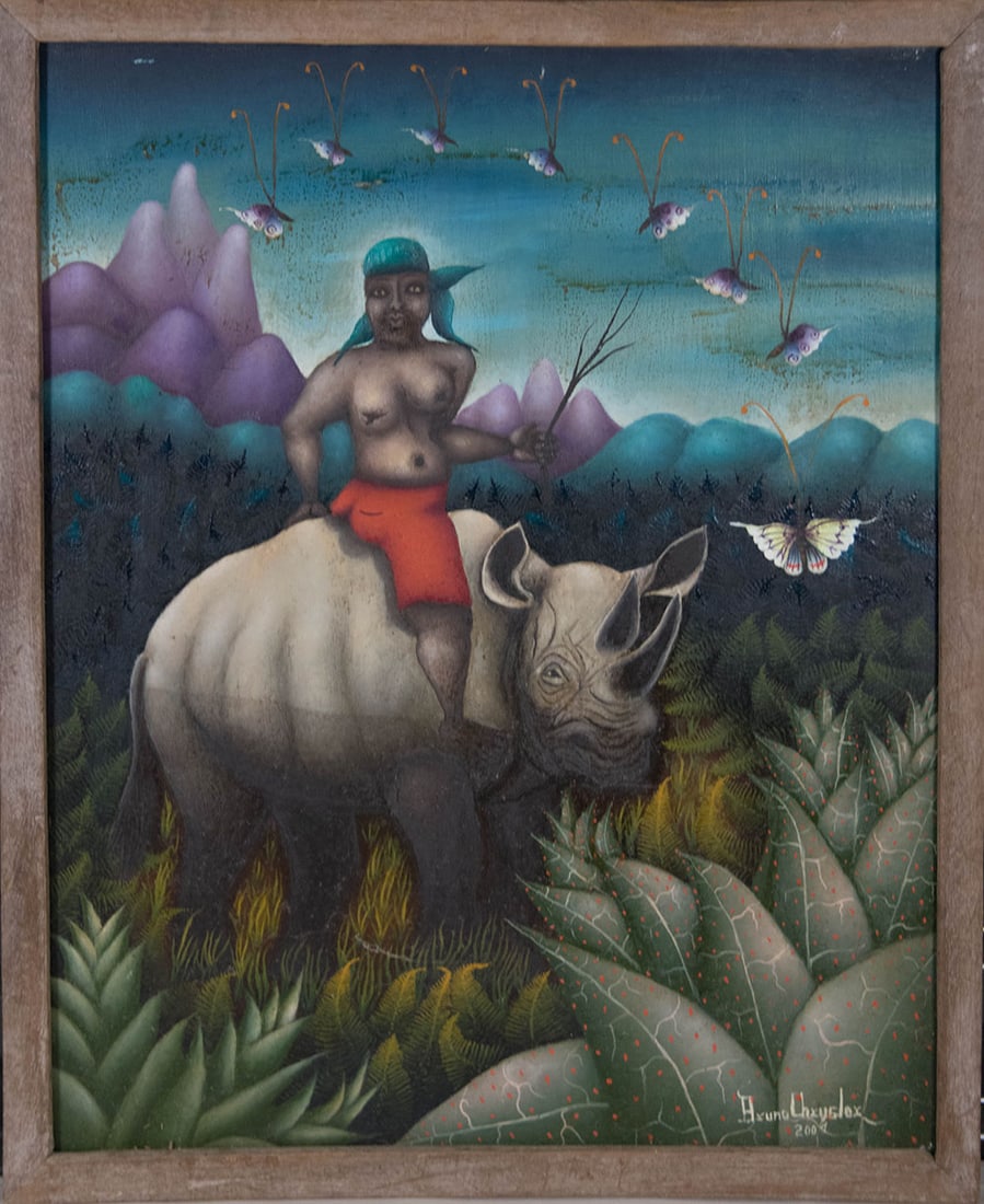Man on a Rhinoceros Original Haitian Painting by Bruno Chrysler (1 of 1)