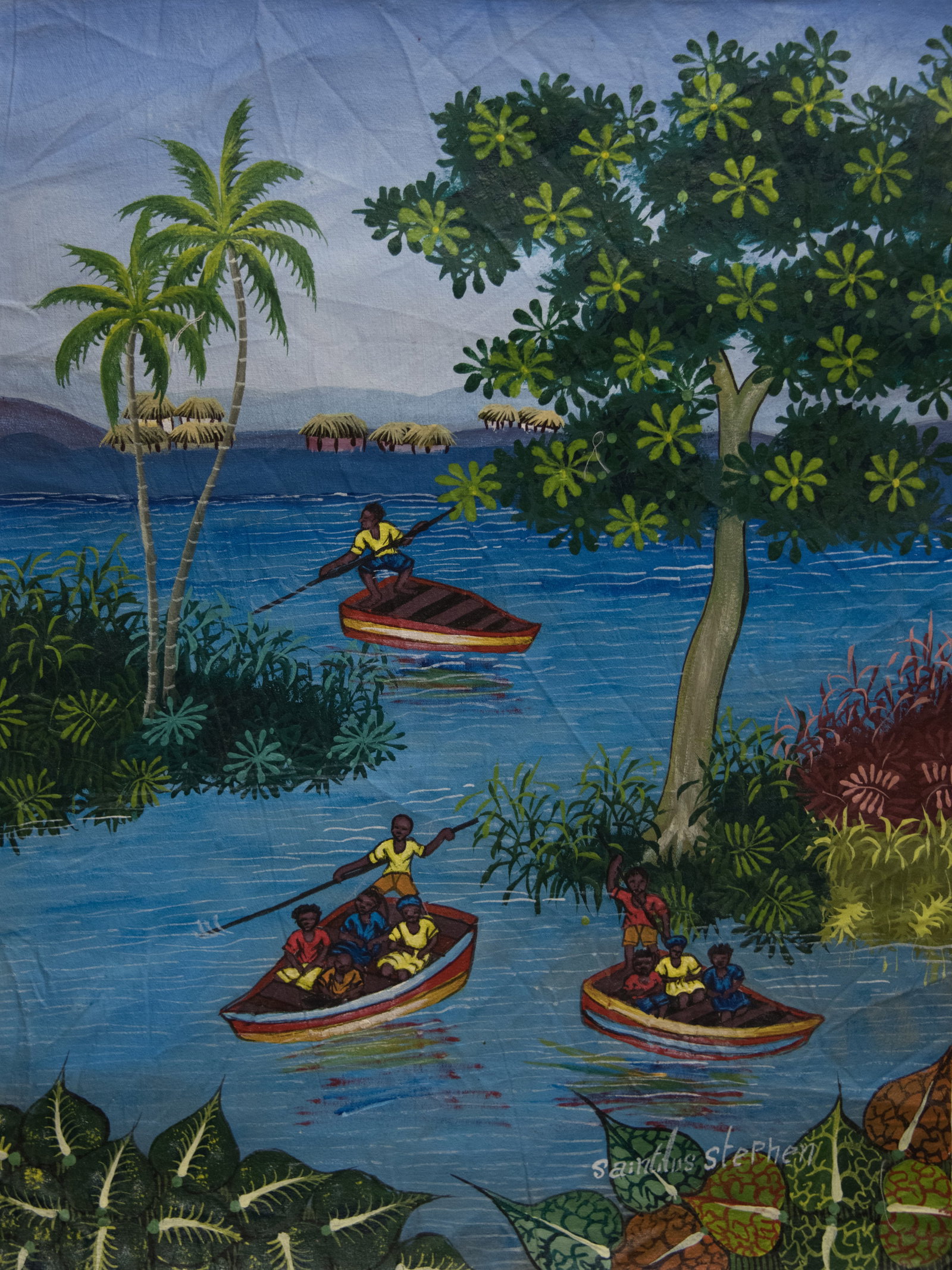Rowing Boats Original Haitian Painting by Stephen Saintilus: Rowing Boats Original Haitian Painting by Stephen Saintilus Acrylic on Canvas Not Stretched Not Framed