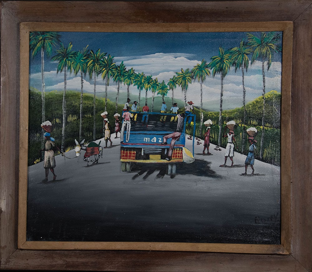 Villagers on a Truck in the Street Original Haitian Painting by Rony: Villagers on a Truck in the Street Original Haitian Painting by Rony Oil on Canvas Framed