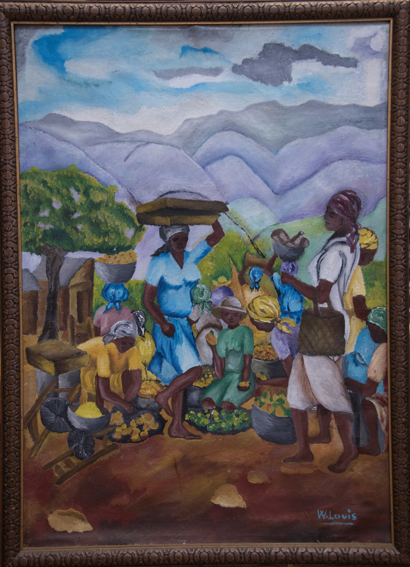 Village Scene with Mountainous Landscape Background Original Haitian Painting by Wilfrid Louis (1 of 1)