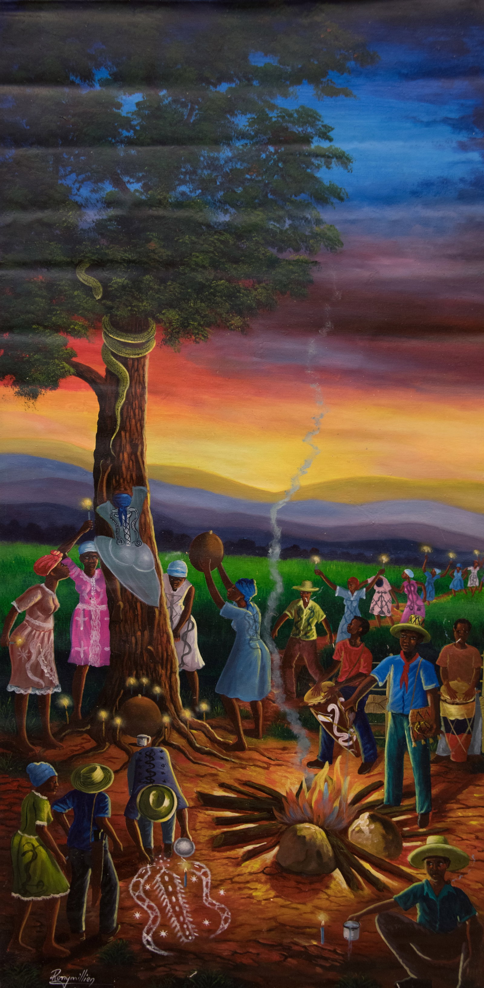 Orignial Haitian Painting by Rony Millien Vodou Ceremony with Tree and Serpent (1 of 1)