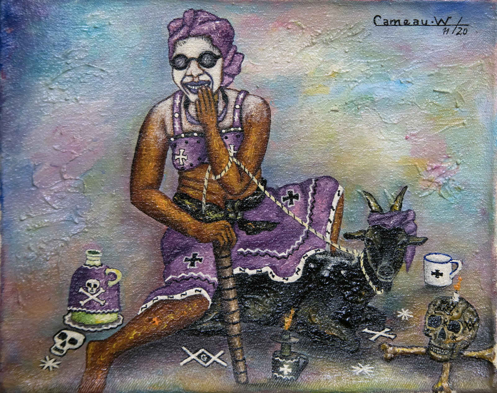 Woman and Goat Original Haitian Painting by Widson Cameau: Woman and Goat Original Haitian Painting by Widson Cameau Acrylic on Canvas