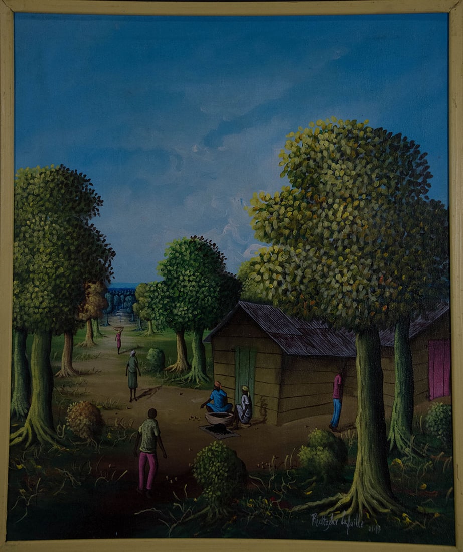 House Under the Trees Original Haitian Painting by Ridtzehr Lafaille: House Under the Trees Original Haitian Painting by Ridtzehr Lafaille Oil on Canvas Framed