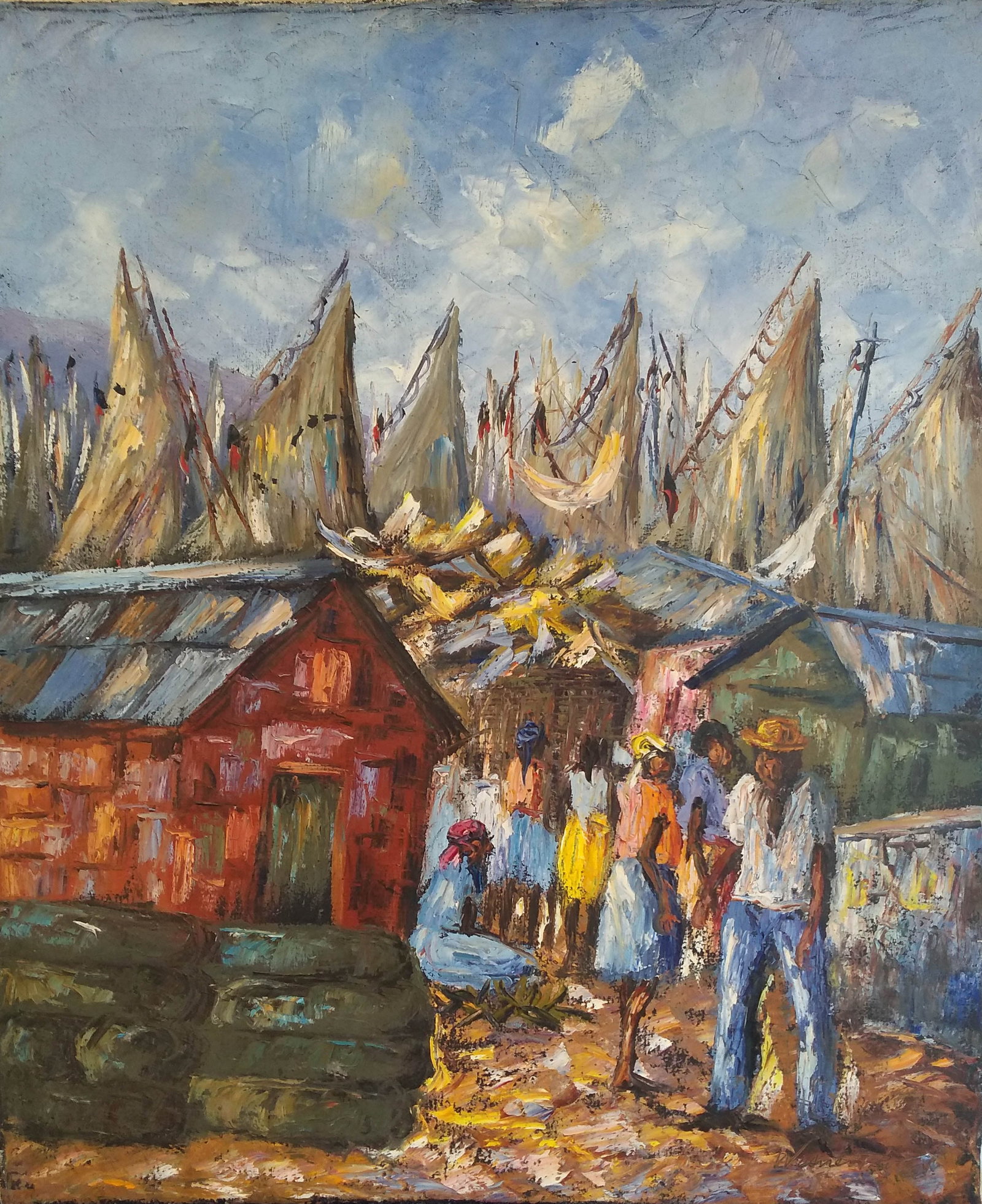 Village Scene Original Haitian Painting by Wesner Pierre-Louis: Village Scene Original Haitian Painting by Wesner Pierre-Louis Oil on Canvas