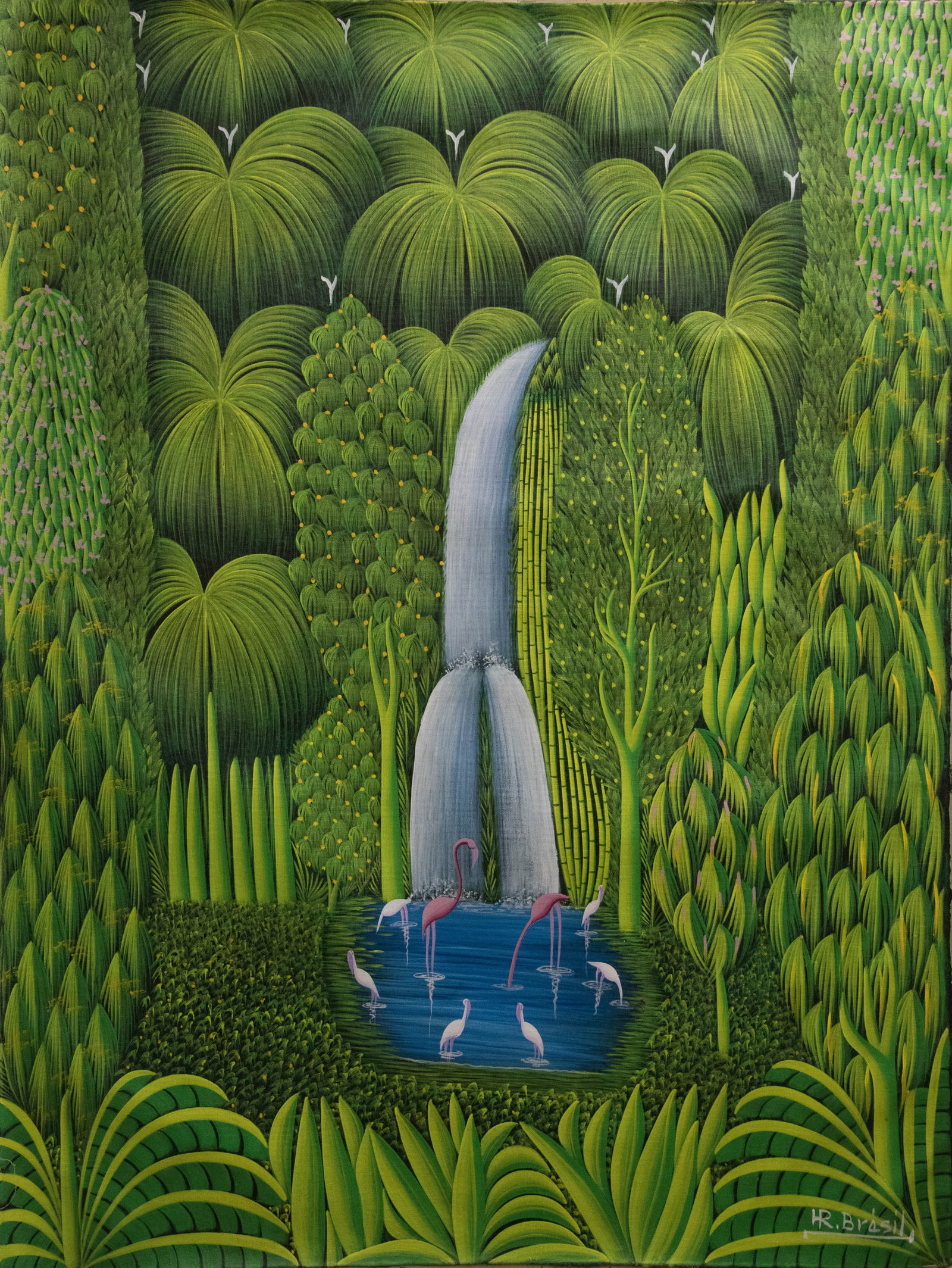 Orignial Haitian Painting by Henri Robert Bresil Flamingos and Split Waterfall (1 of 1)
