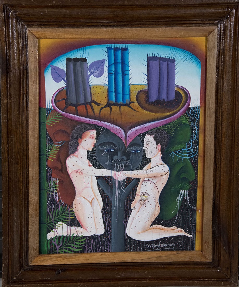Man and Woman Kneeling With Three Faces Original Haitian Painting by Roi David Annisey (1 of 1)