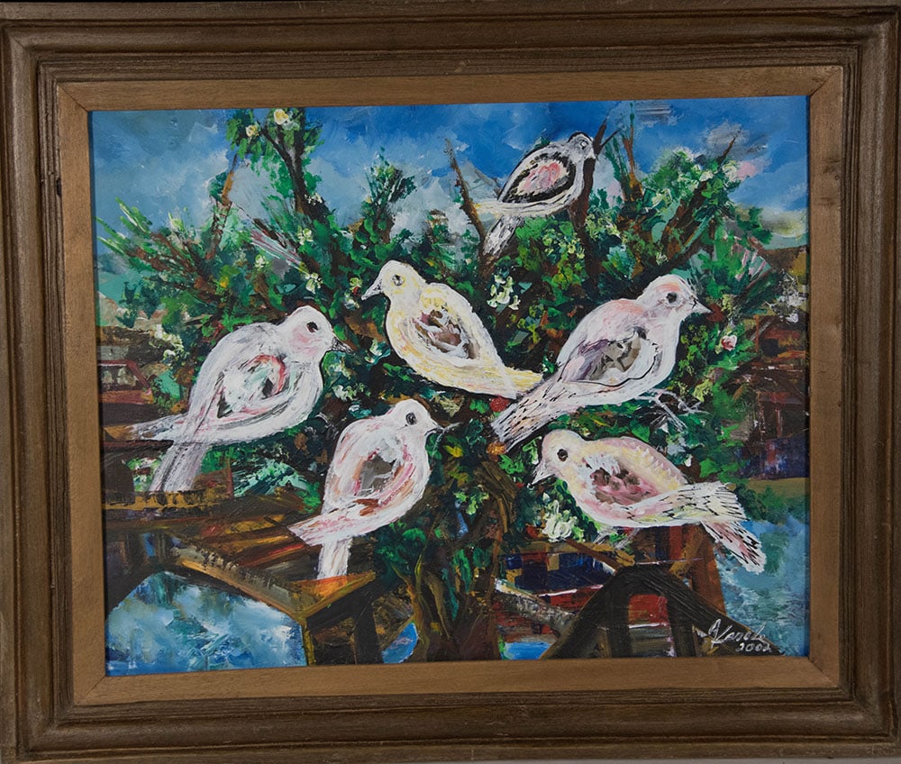 PInk and Yellow Birds in a Tree Original Haitian Painting by Karole Andre (1 of 1)