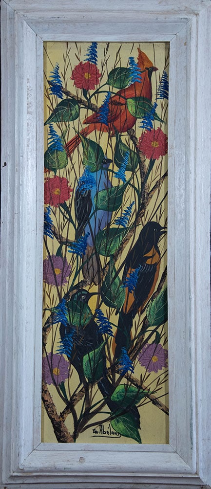 Birds and Flowers in a Bush Original Haitian Painting by Gesner Abelard (1 of 1)