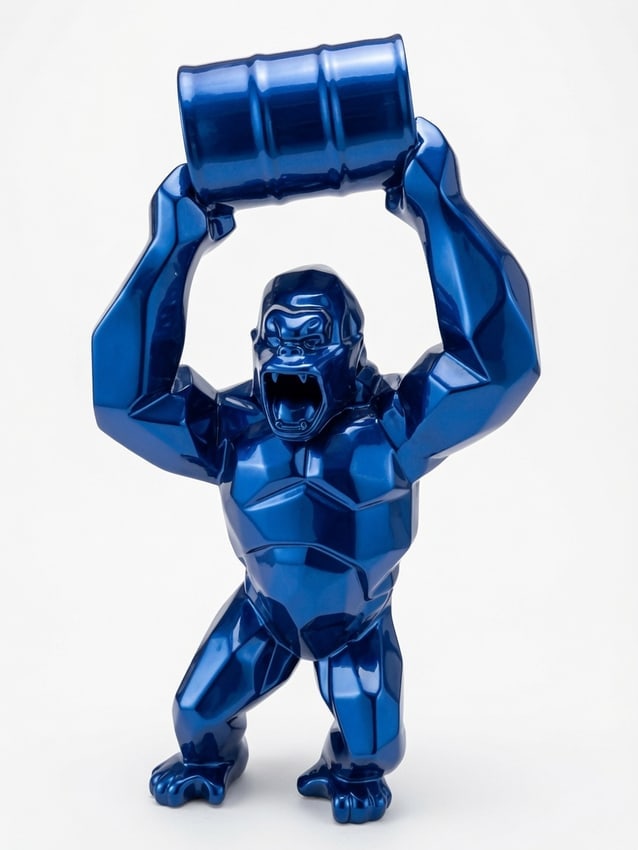 Richard Orlinski – Blue Gorilla with Barrel Sculpture: A powerful and iconic sculpture by French pop artist Richard Orlinski. This muscular gorilla is captured in a dynamic, energetic pose lifting a large barrel overhead with both arms, showcasing Orlinsk