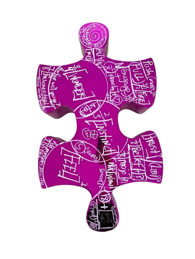 Brendan Murphy (American, b. 1971) "Boonji" Metallic Pink/Purple Chrome Puzzle Piece: An extraordinary and vibrant authentic sculpture by globally acclaimed contemporary artist Brendan Murphy (b. 1971). Shaped as a large, interlocking puzzle piece, this work features a high-gloss, refl