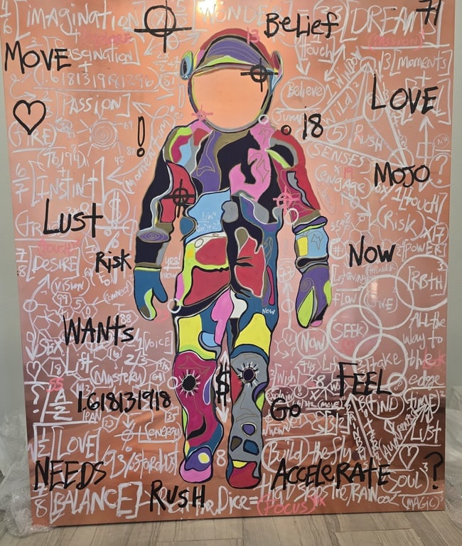 Brendan Murphy (b. 1971) — LEAP Boonji Spaceman: Vibrant and commanding, Boonji Spaceman by world-renowned contemporary artist Brendan Murphy explodes with color and energy against a glowing peach-orange ground. The central faceless astronaut figure