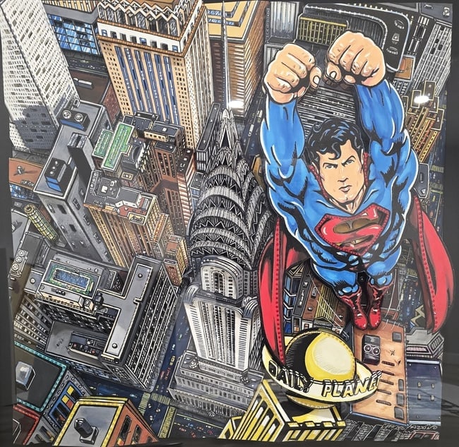 Charles Fazzino (b. 1955) Superman Protects the Chrysler Building: An extraordinary, one-of-a-kind original 3D mixed media wall sculpture by the undisputed master of 3D pop art, Charles Fazzino. Titled "Superman Over Metropolis", this spectacular work is a unique 1 o