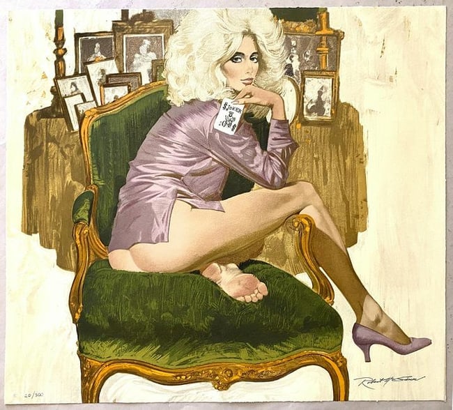 Robert McGinnis "Joker In the Deck" Limited Edition Lithograph, Hand Signed & Numbered: Robert Edward McGinnis (American, b. 1926) is a legendary artist and illustrator renowned for his iconic paperback book covers and movie posters. He created over 1,200 paperback covers and more than 4