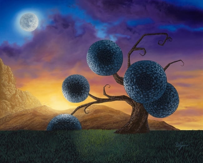 Tom DiGiacco Surreal Original Oil Painting – Tree of Dreams at Twilight 16x20": Original oil on canvas by Tom DiGiacco (American, Las Vegas-based surrealist artist). This captivating surreal landscape features a dramatic twisted tree bearing large, textured blue spherical orbs ag