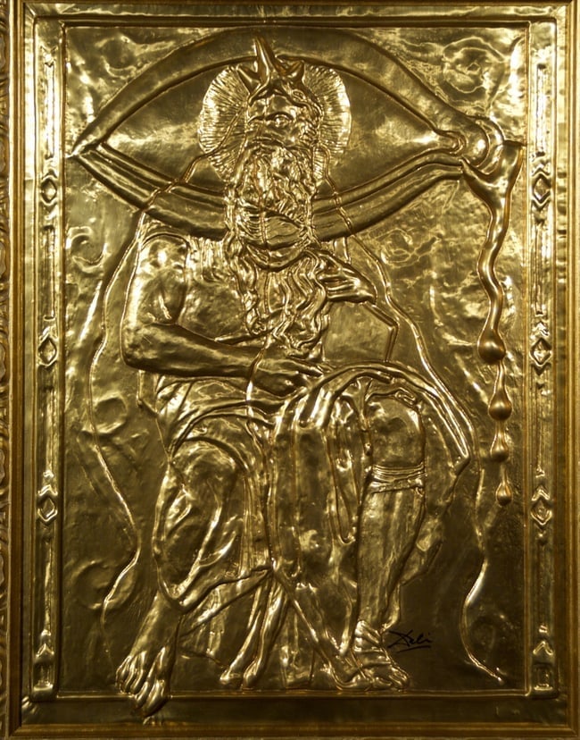 Salvador Dalí (1904–1989) Moses and Monotheism, Gilt Metal Bas-Relief after Michelangelo, c.: Moses and Monotheism (Moïse et le Monothéisme), circa 1974–75Gilt / gold-finished metal bas-relief plaque after Michelangelo’s Moses (1513–15, San Pietro in Vincoli, Rome). Presented here as a