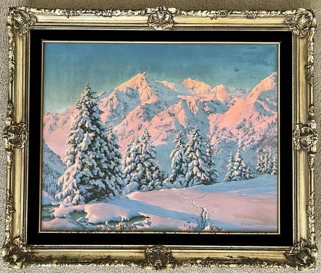 Friedrich Albin Koko-Micoletzky (1887–1981) Alpine Winter Landscape with Alpenglow, Original Oil: Friedrich Albin Koko-Micoletzky (Austrian, born Pilsen 1887 or 1889 – died Vienna 1981)Alpine winter landscape with alpenglowOil on canvas, signed lower right F. Koko-Micoletzky.Snow-laden evergreen