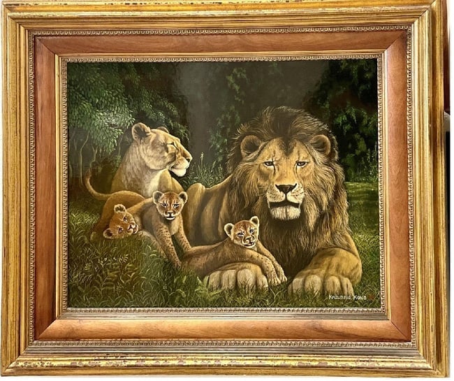 Kazuhiro Kono "Kings of the Jungle" Original Oil Painting on Canvas, Signed, Beautifully: Kazuhiro Kono is a talented artist known for his expressive and vibrant oil paintings, often featuring dynamic animal subjects, wildlife scenes, and bold compositions. His works capture personality an