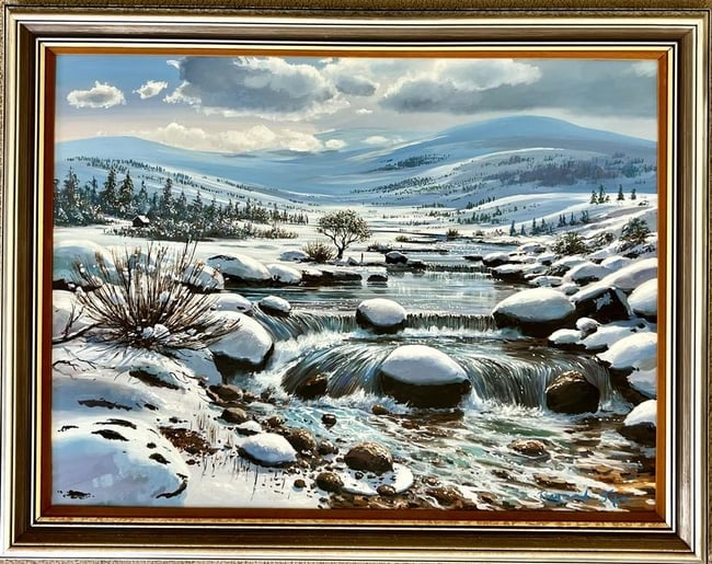 Raymond Sipos "Spring Thaw - New Hampshire" Original Oil Painting on Board, Signed, Large: Raymond Sipos is an accomplished artist known for his realistic and atmospheric landscape paintings, often capturing the natural beauty, changing seasons, and serene rural scenes of New England and be