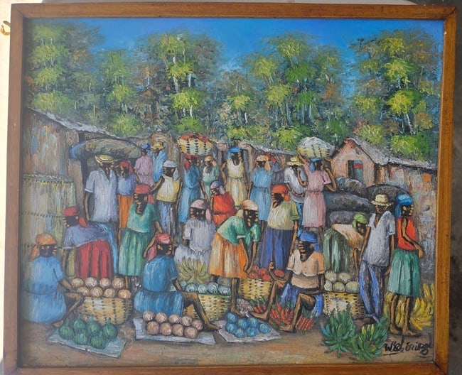 W. Kéringel (Haitian, 20th C.) Busy Market Scene, Oil on Canvas: An energetic, densely populated market scene by listed Haitian artist W. Kéringel, executed in vibrant oil on canvas. The composition exemplifies the narrative depth of Haitian Naïve painting, depic