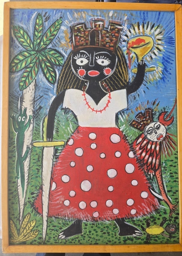 Abel Michel (Haitian/Jacmel, b. 1936) Vodou Allegory with Sword & Chalice, Oil/Acrylic on Canvas –: A powerful, highly symbolic painting by listed Jacmel-school artist Abel Michel, rendered in rich acrylic and oil pigments on canvas. The composition centers on a regal, crowned female figure flanked 