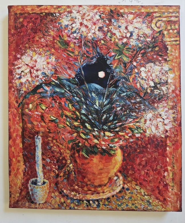A. Sanchez Iglesias (Cuban/Caribbean, b. 1967) Nocturnal Floral Still Life with Candle, Impasto Oil: A dramatic, richly impastoed nocturnal floral still life by noted Caribbean/Cuban artist Alfredo Elías Sánchez Iglesias. Executed with a thick, sculptural paint application and pointillist tactile d