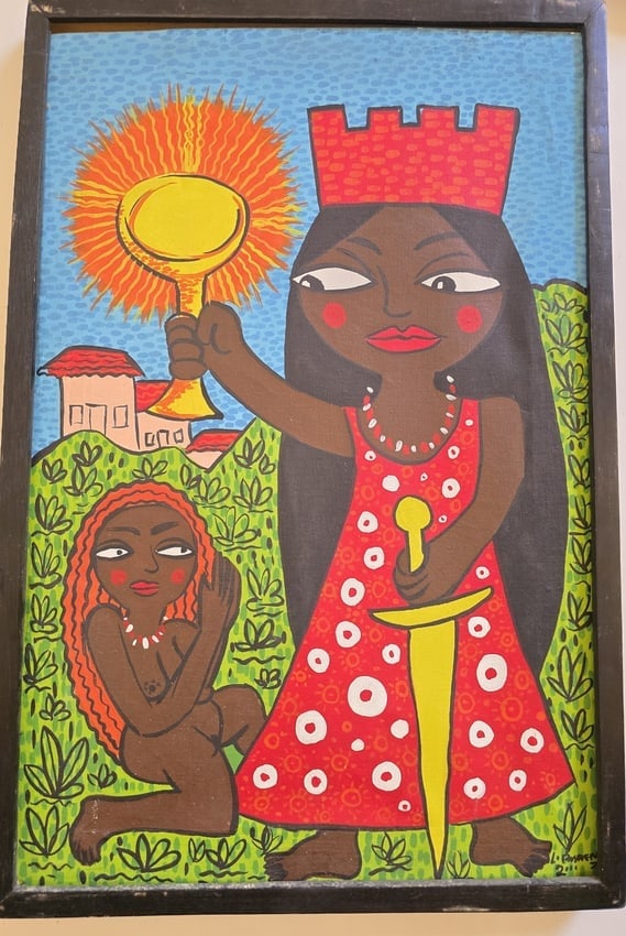Symbolic Haitian Figure Painting by L. Rameau: Untitled (Crowned Woman with Chalice, Sword and Sun)Signed lower right: L. Rameau 2011Bold and symbolic original painting in the vibrant Haitian naïve/folk tradition. A regal dark-skinned woman weari