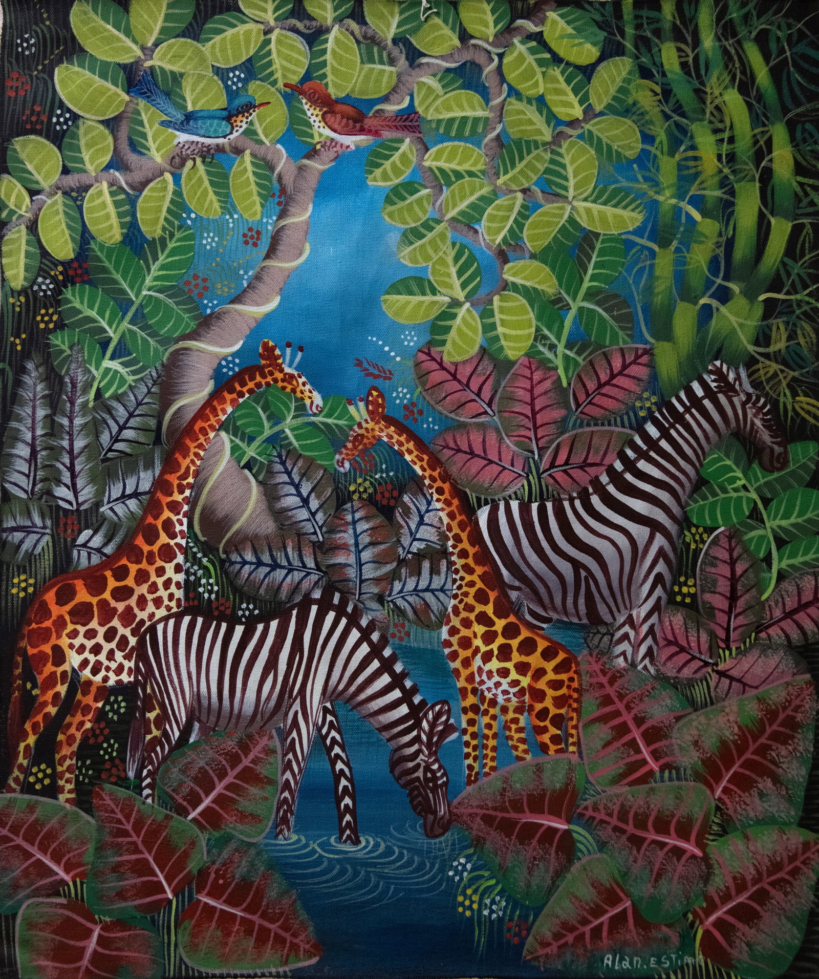 2 Giraffes/2 Zebras Original Haitian Painting by Aland Estime
