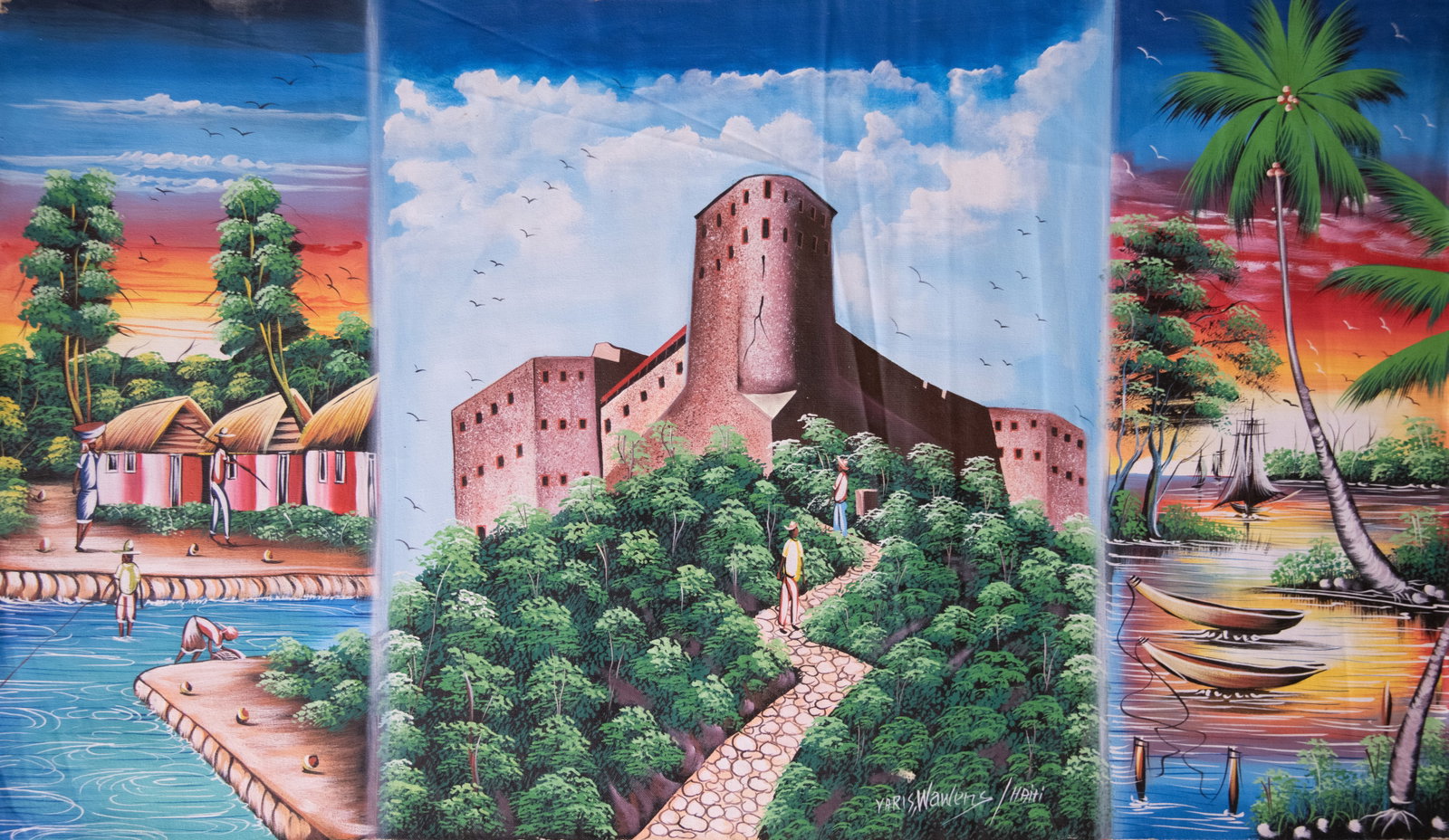 Orignial Haitian Painting by Wawens Varis Three Scenes Haitian Landscapes and Citadell: Orignial Haitian Painting by Wawens Varis Three Scenes Haitian Landscapes and Citadell Acrylic on Canvas No Frame Not Stretched