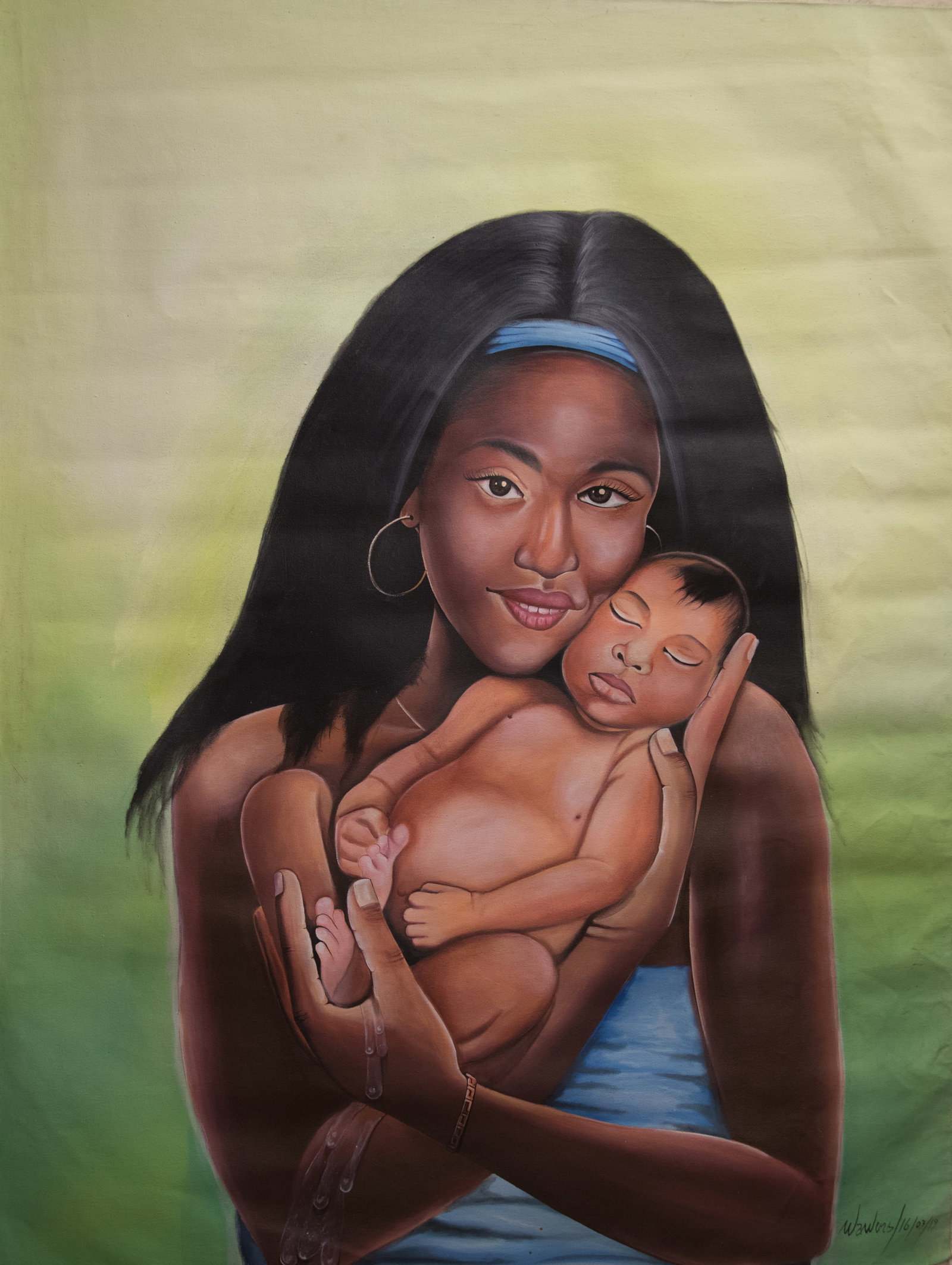 Orignial Haitian Painting by Wawens Varis Mother and Child: Orignial Haitian Painting by Wawens Varis Mother and Child Acrylic on Canvas No Frame Not Stretched