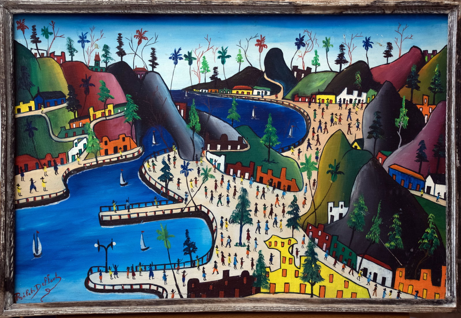 Seaside Village Original Haitian Painting by Prefete Duffaut: Seaside Village Original Haitian Painting by Prefete Duffaut Acrylic on Board Framed