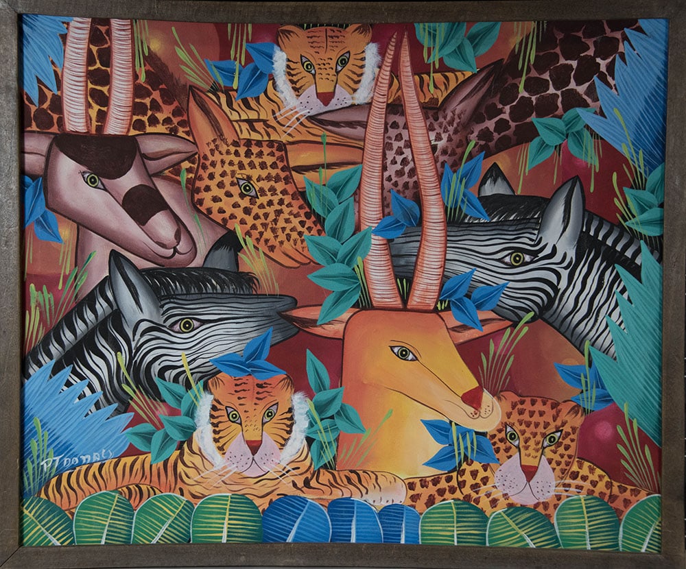 Jungle Animal Heads Original Haitian Painting by P.T. Donald: Jungle Animal Heads Original Haitian Painting by P.T. Donald Oil on Canvas