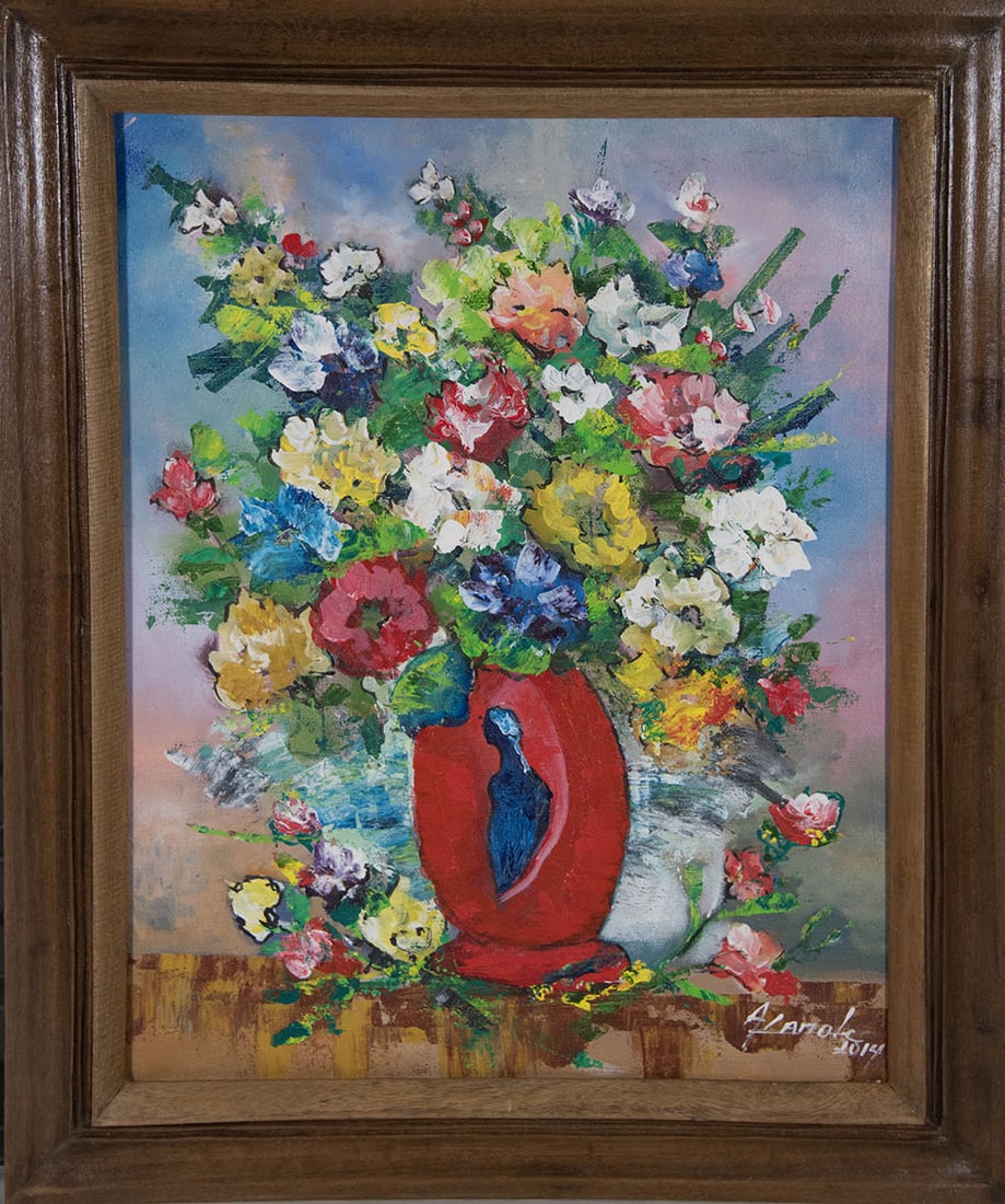 Red Vase of Flowers Original Haitian Painting by Karole Andre (1 of 1)