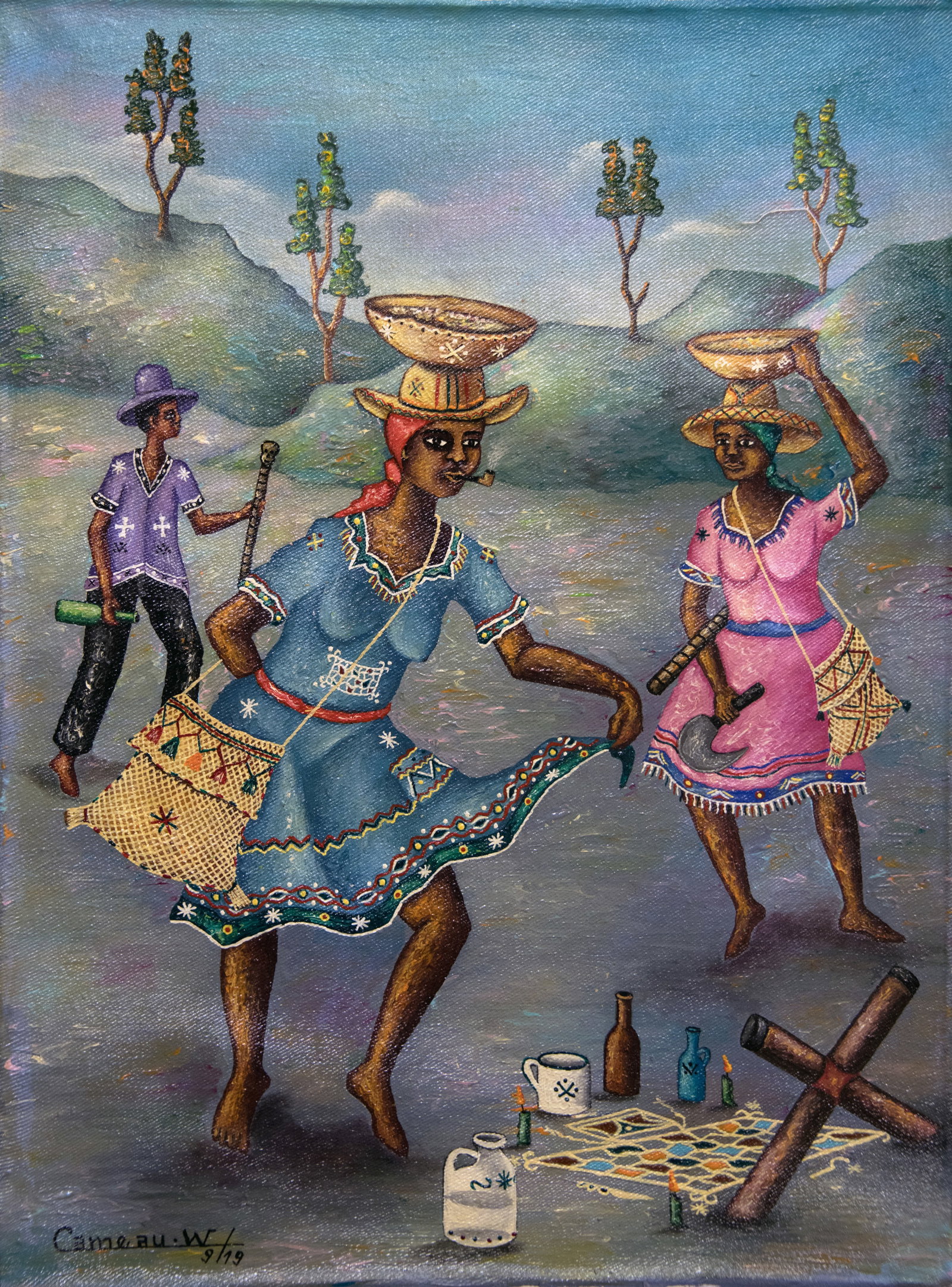 Voodoo Ceremony (WC) Original Haitian Painting by Widson Cameau: Voodoo Ceremony (WC) Original Haitian Painting by Widson Cameau Acrylic on Canvas Not Stretched Not Framed
